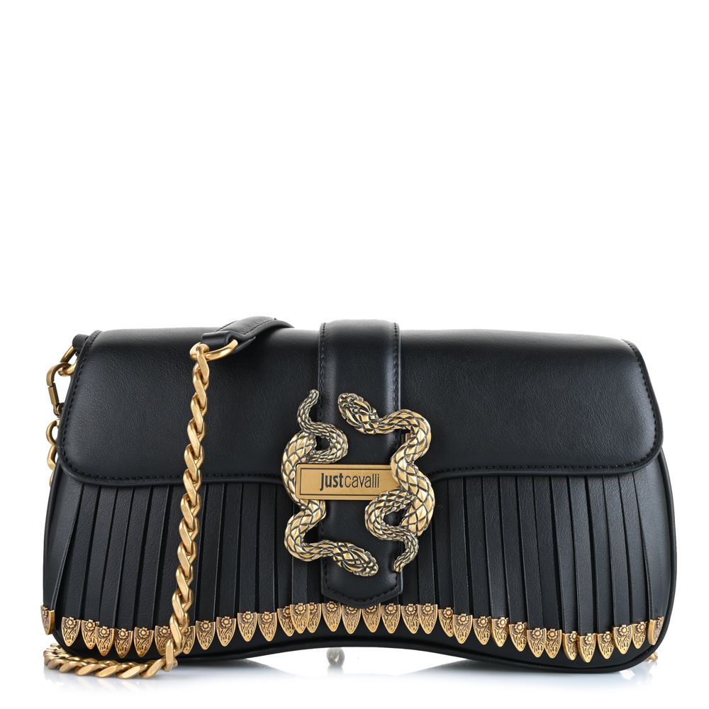 JUST CAVALLI Iconic Snakes Μαύρη Τσάντα Ώμου με Κρόσσια και Χρυσή Αλυσίδα / 81RA4BA1ZSE73