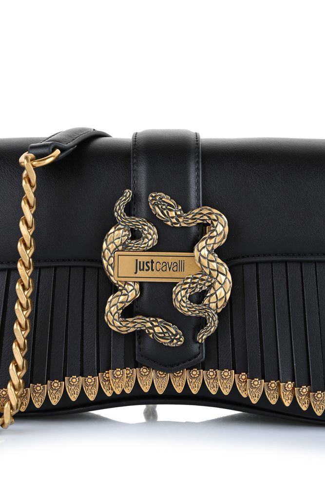 JUST CAVALLI Iconic Snakes Μαύρη Τσάντα Ώμου με Κρόσσια και Χρυσή Αλυσίδα / 81RA4BA1ZSE73
