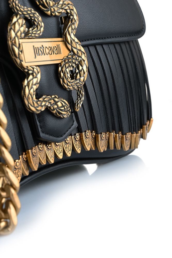 JUST CAVALLI Iconic Snakes Μαύρη Τσάντα Ώμου με Κρόσσια και Χρυσή Αλυσίδα / 81RA4BA1ZSE73