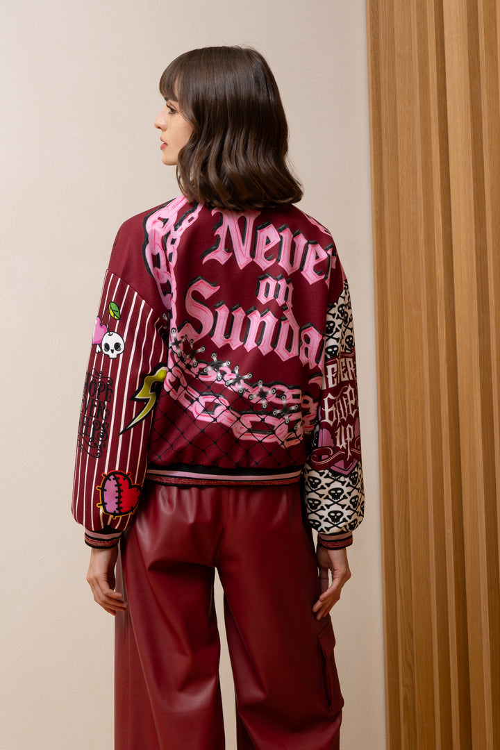 NEVER ON SUNDAY Graphic Varsity Jacket