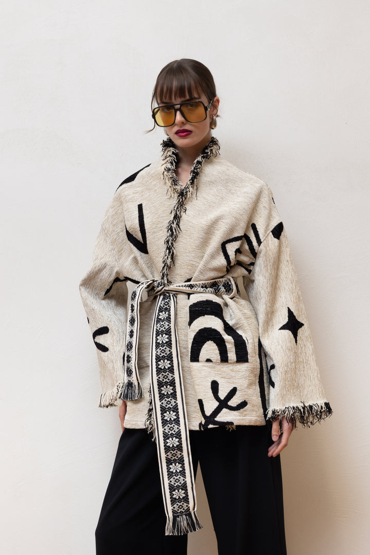 NEMA RESORTWEAR Jacquard Jacket με Ζώνη & Κρόσσια