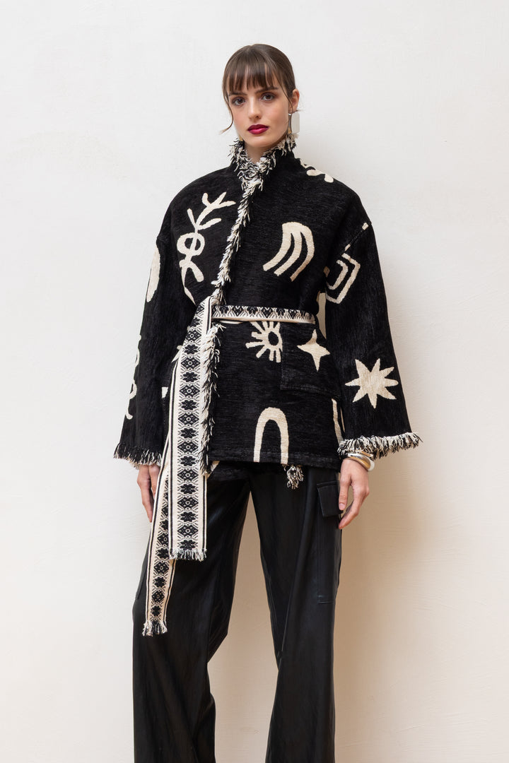 NEMA RESORTWEAR Jacquard Jacket με Ζώνη & Κρόσσια