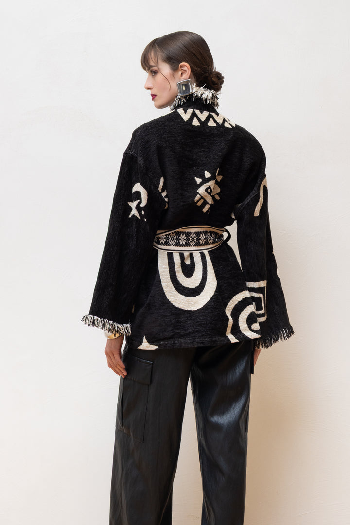 NEMA RESORTWEAR Jacquard Jacket με Ζώνη & Κρόσσια