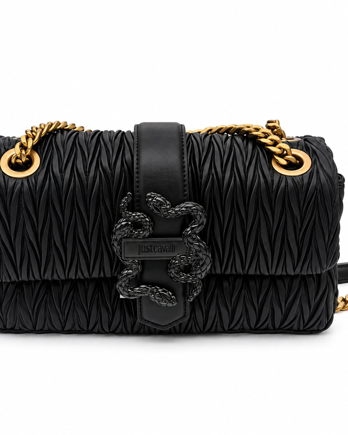 JUST CAVALLI  Μαύρη Pleated Shoulder Bag με Χρυσή Αλυσίδα / 81RA4BC4ZSD90