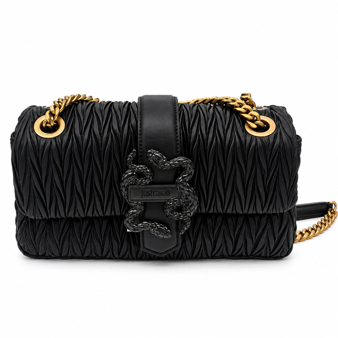 JUST CAVALLI  Μαύρη Pleated Shoulder Bag με Χρυσή Αλυσίδα / 81RA4BC4ZSD90