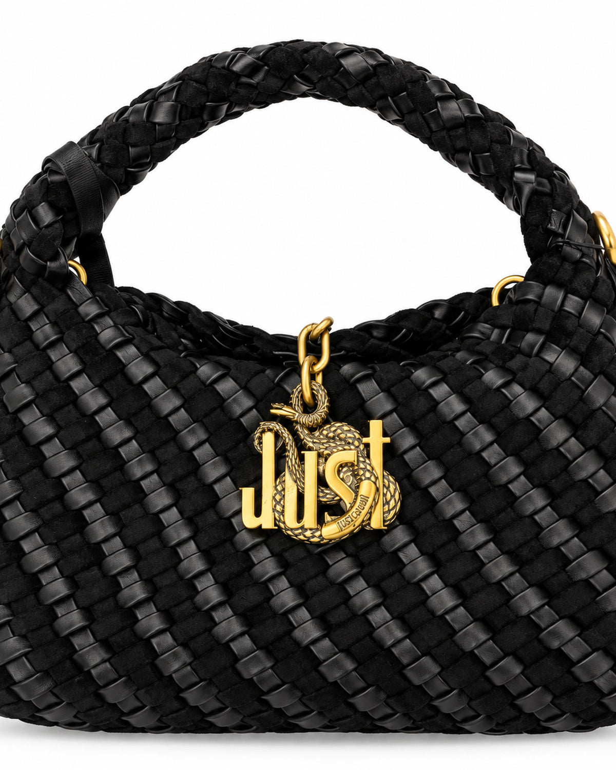 JUST CAVALLI  Πλεκτή Hobo Τσάντα Ώμου με Χρυσό Snake Logo /81RA4BO3ZSE81