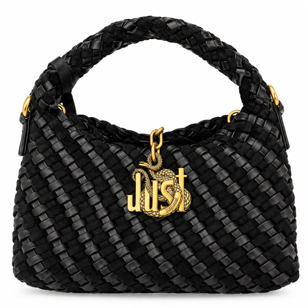 JUST CAVALLI  Πλεκτή Hobo Τσάντα Ώμου με Χρυσό Snake Logo /81RA4BO3ZSE81