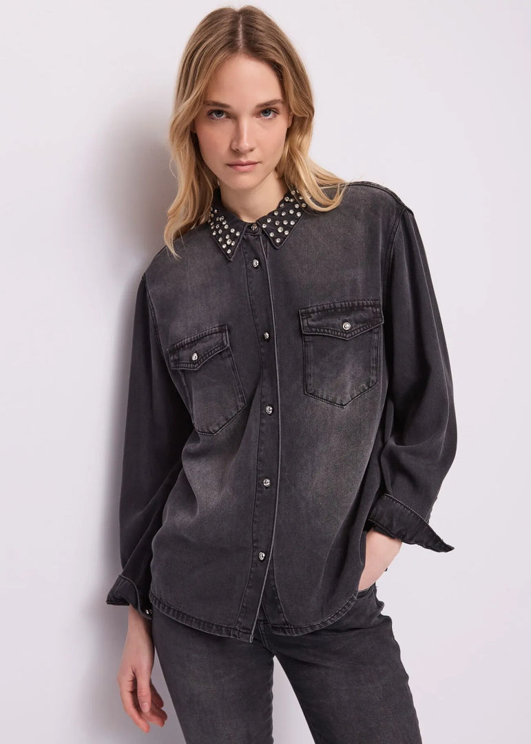 GAUDI Distressed Denim Πουκάμισο με Strass
