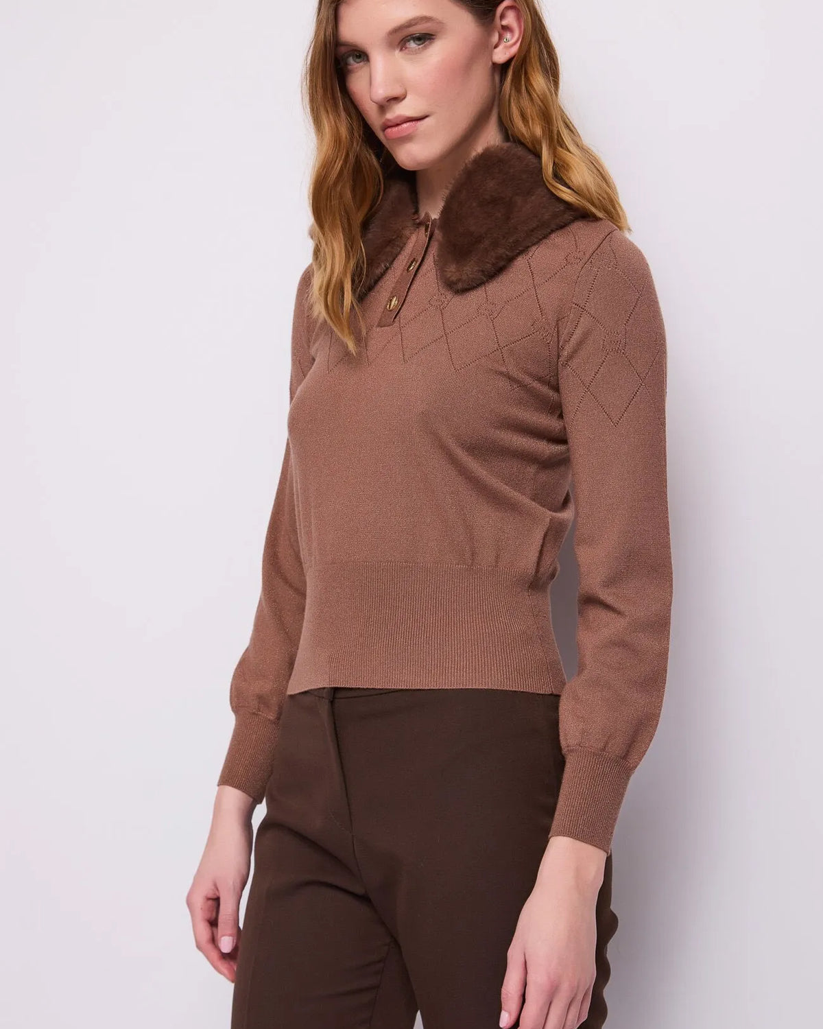 GAUDI Πλεκτό Polo με Lurex, Faux Fur Γιακά και Diamond Pattern