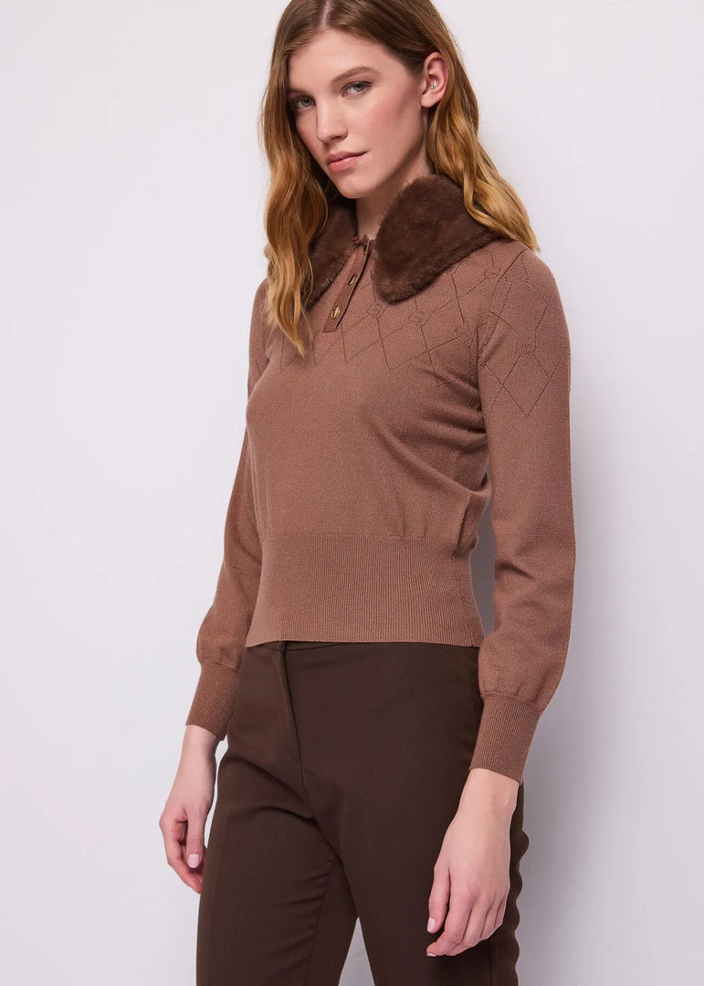 GAUDI Πλεκτό Polo με Lurex, Faux Fur Γιακά και Diamond Pattern