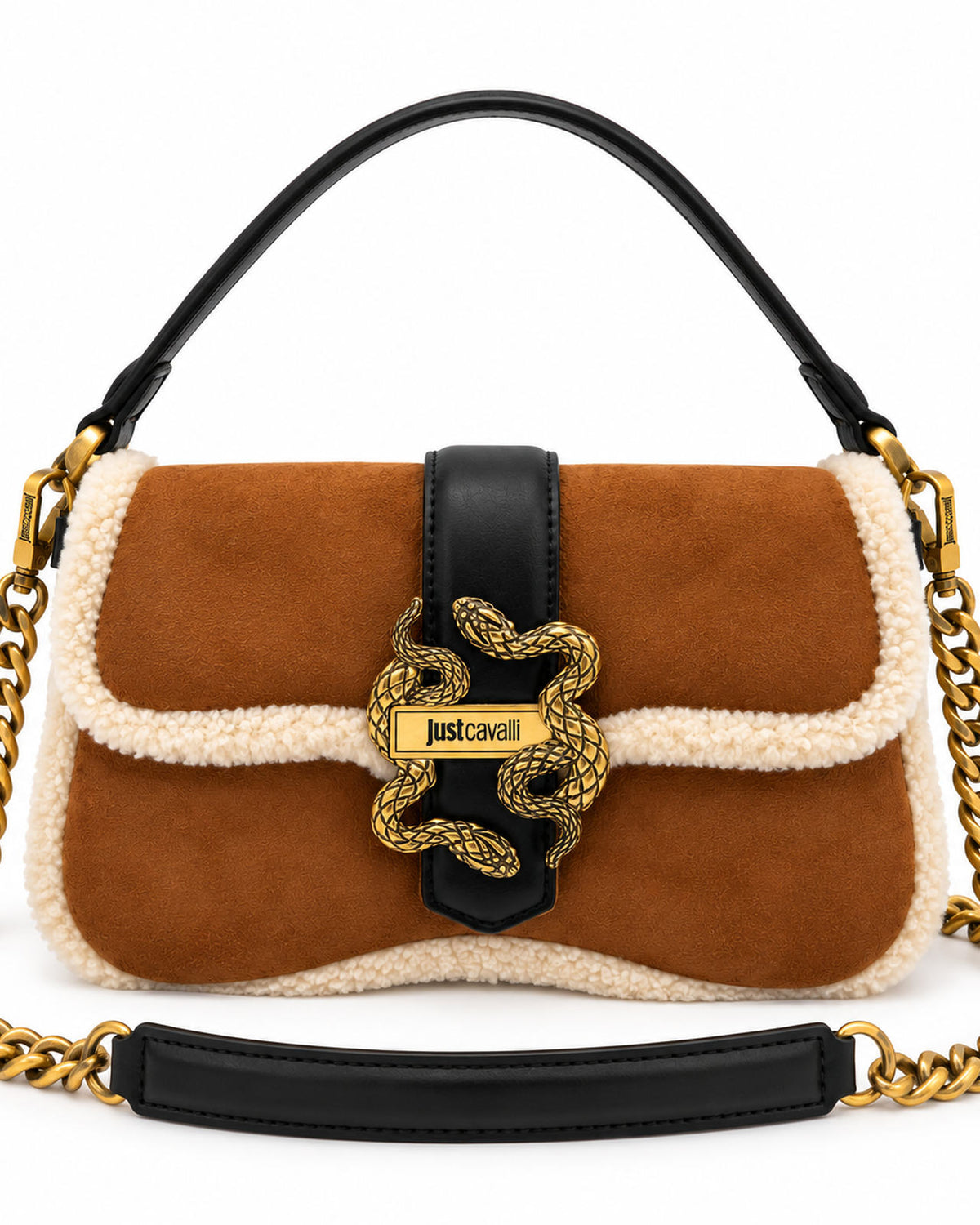 JUST CAVALLI Τσάντα Ώμου με Shearling και Χρυσό Snake Logo /81RA4BA1ZSE75
