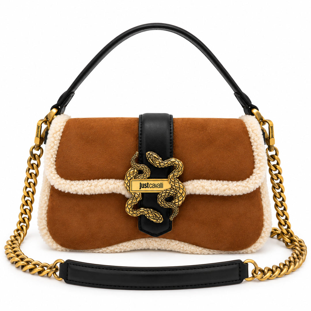 JUST CAVALLI Τσάντα Ώμου με Shearling και Χρυσό Snake Logo /81RA4BA1ZSE75