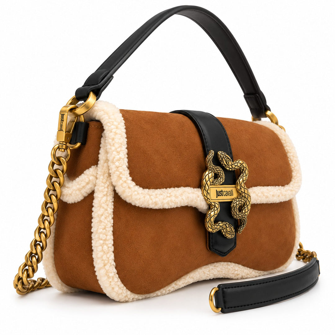 JUST CAVALLI Τσάντα Ώμου με Shearling και Χρυσό Snake Logo /81RA4BA1ZSE75