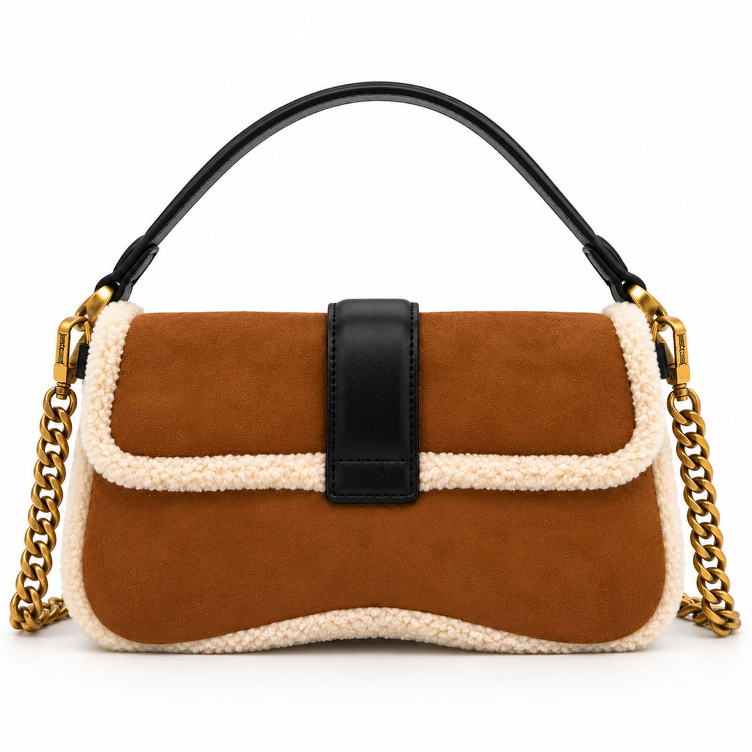 JUST CAVALLI Τσάντα Ώμου με Shearling και Χρυσό Snake Logo /81RA4BA1ZSE75