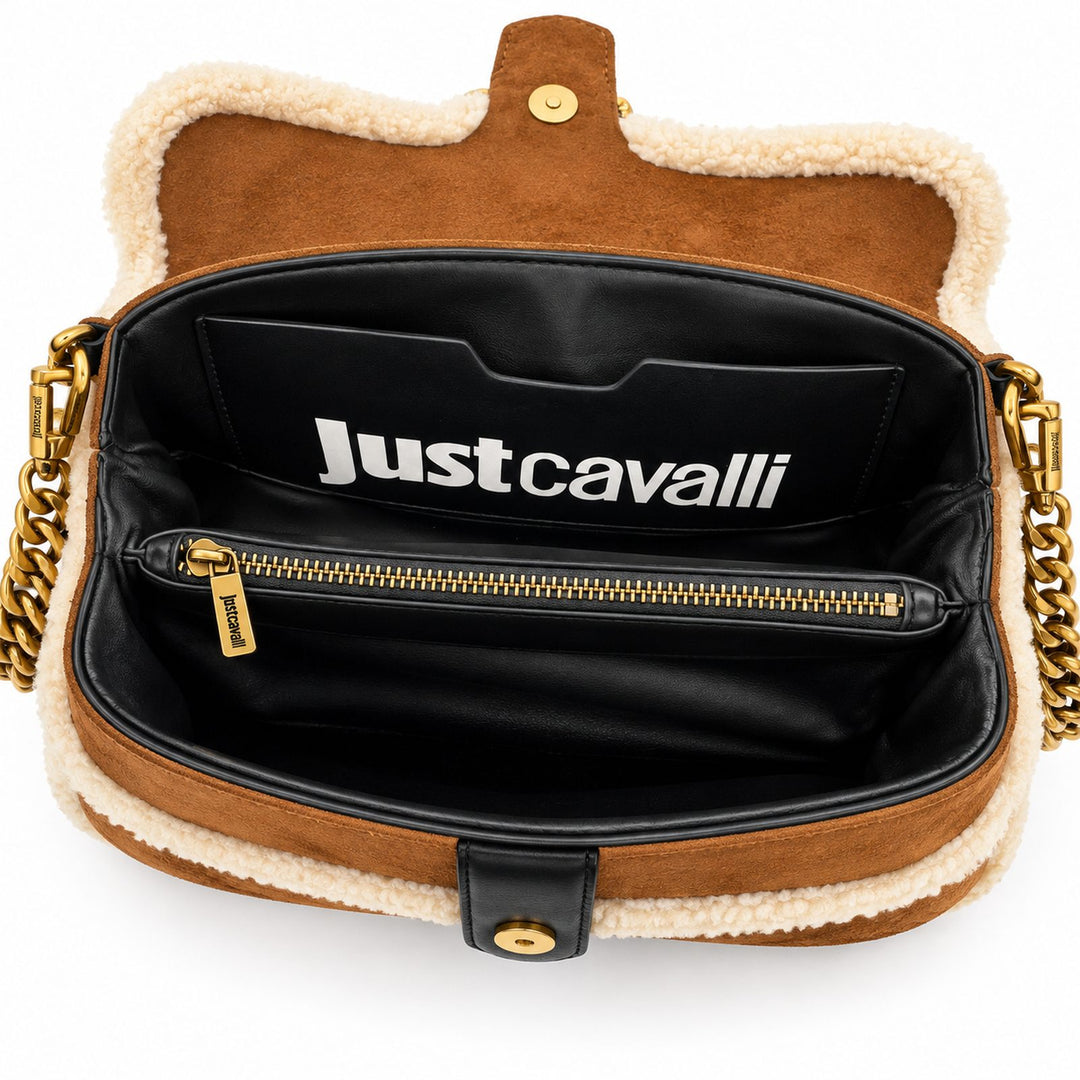 JUST CAVALLI Τσάντα Ώμου με Shearling και Χρυσό Snake Logo /81RA4BA1ZSE75