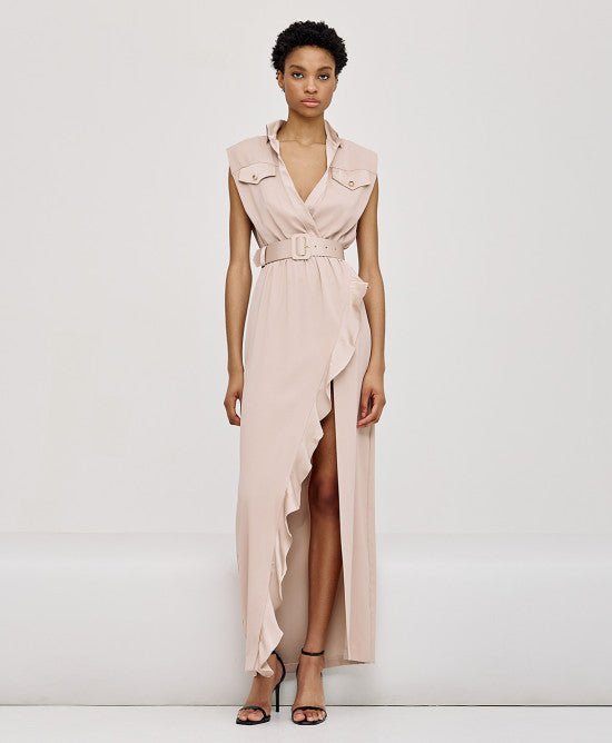 Φόρεμα κρουαζέ με βολάν και τσέπες/ 43-3347 -  ACCESS FASHION- Beige / 48