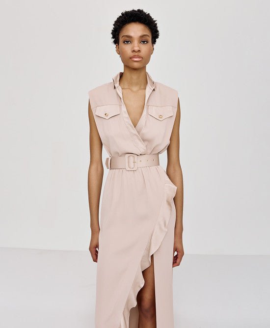 Φόρεμα κρουαζέ με βολάν και τσέπες/ 43-3347 -  ACCESS FASHION- Beige / 48