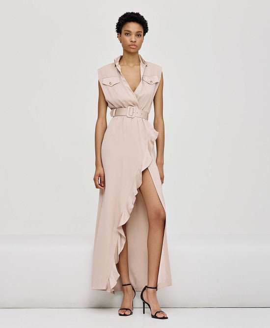 Φόρεμα κρουαζέ με βολάν και τσέπες/ 43-3347 -  ACCESS FASHION- Beige / 48