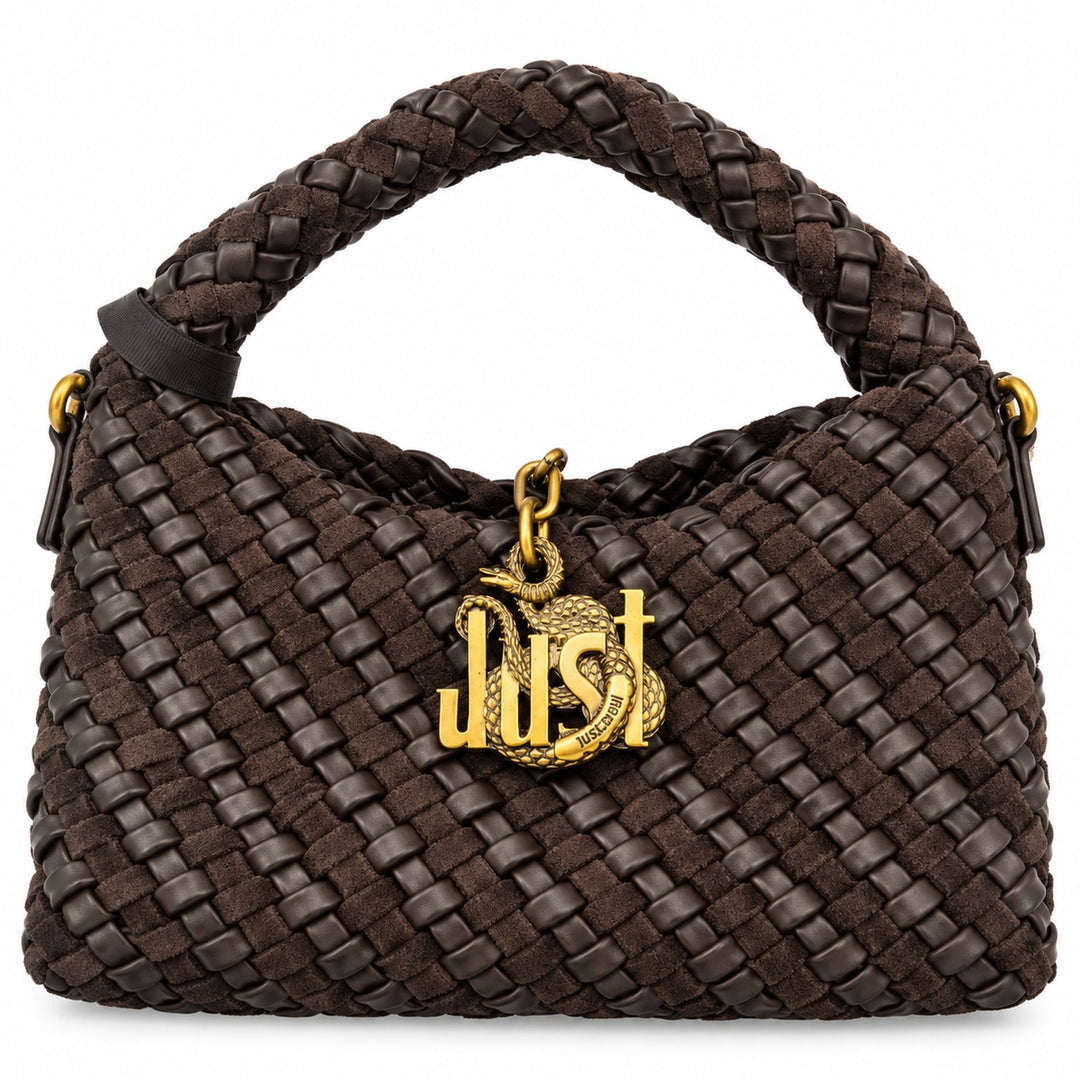 JUST CAVALLI  Πλεκτή Hobo Τσάντα Ώμου με Χρυσό Snake Logo /81RA4BO3ZSE81