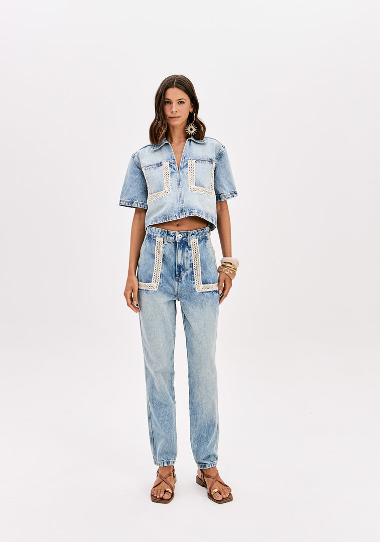 MY FAVORITE THINGS Denim Cropped Πουκάμισο με Crochet Λεπτομέρειες / 501BL000487