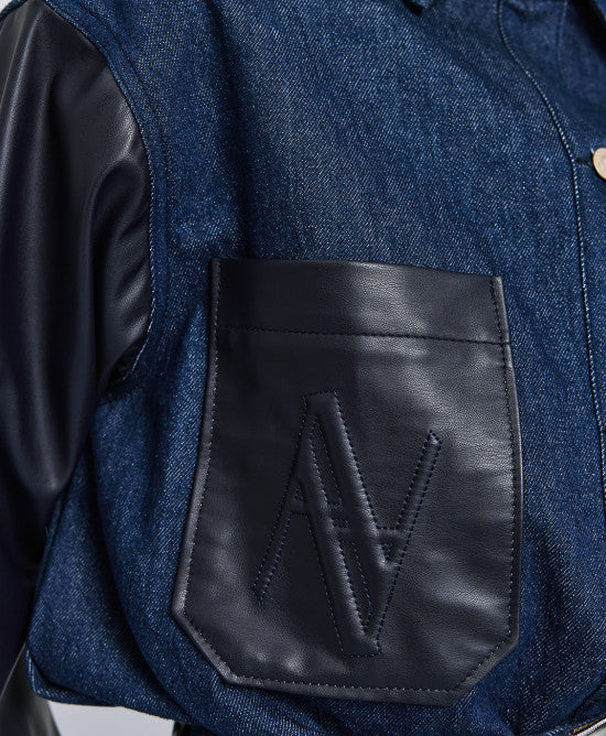 Πουκάμισο denim με λεπτομέρειες όψης δέρματος / 54-8230