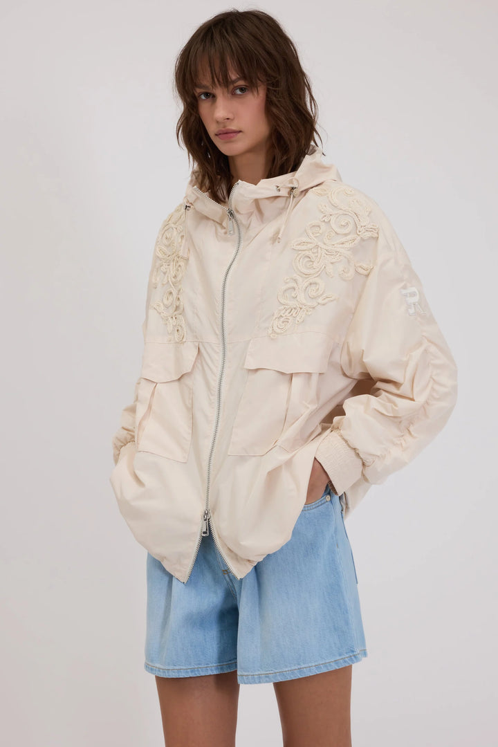 ERMANNO FIRENZE TAFFETA PARKA WITH HOOD AND CORNELY EMBROIDERY