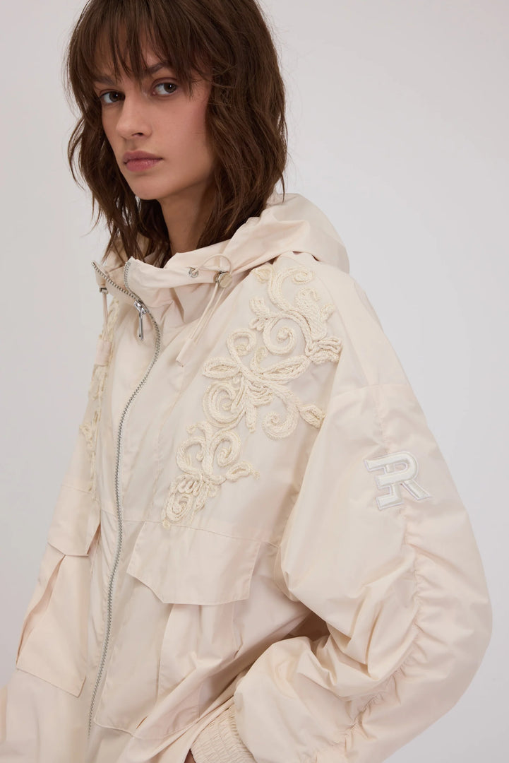 ERMANNO FIRENZE TAFFETA PARKA WITH HOOD AND CORNELY EMBROIDERY