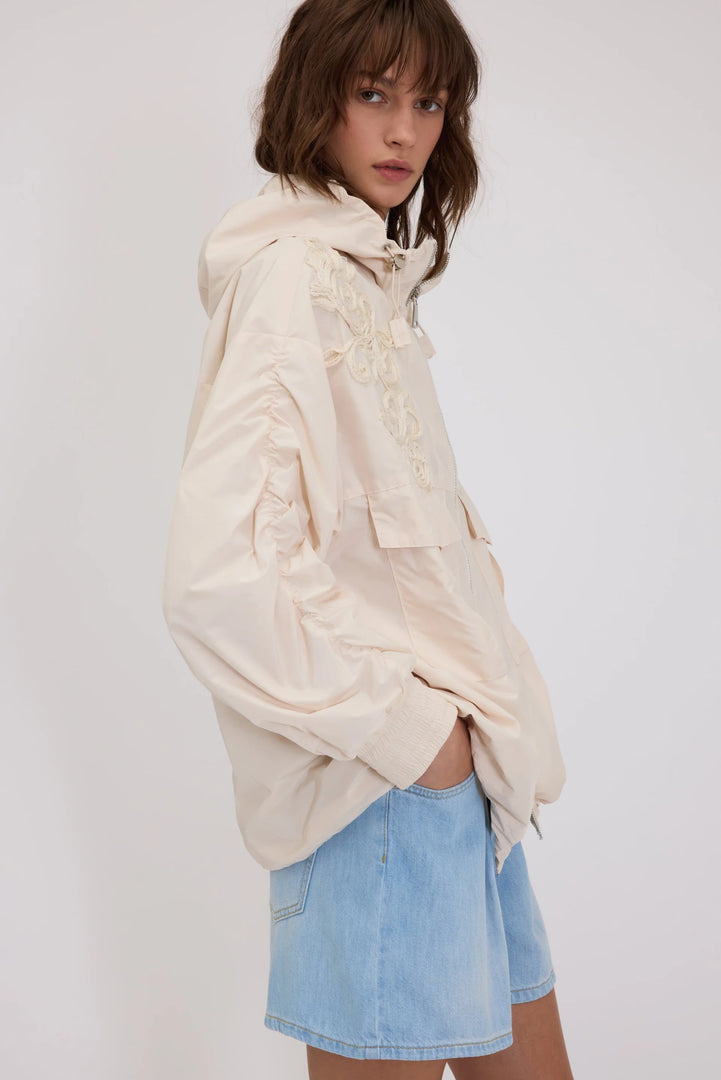 ERMANNO FIRENZE TAFFETA PARKA WITH HOOD AND CORNELY EMBROIDERY
