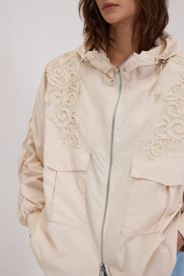 ERMANNO FIRENZE TAFFETA PARKA WITH HOOD AND CORNELY EMBROIDERY