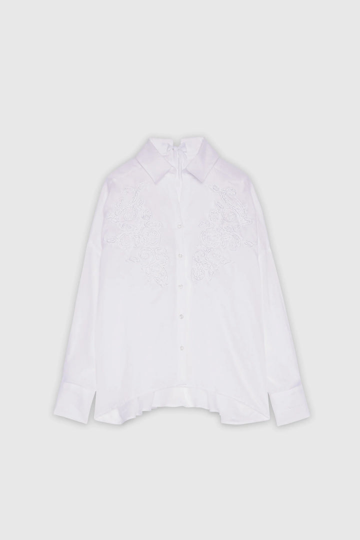 ERMANNO FIRENZE OVERSIZE RAMIE SHIRT WITH EMBROIDERY AND BACK RIBBON TIE