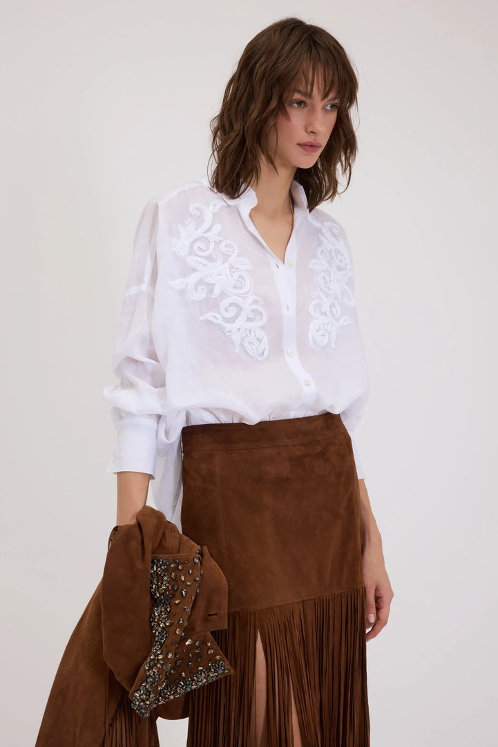 ERMANNO FIRENZE OVERSIZE RAMIE SHIRT WITH EMBROIDERY AND BACK RIBBON TIE