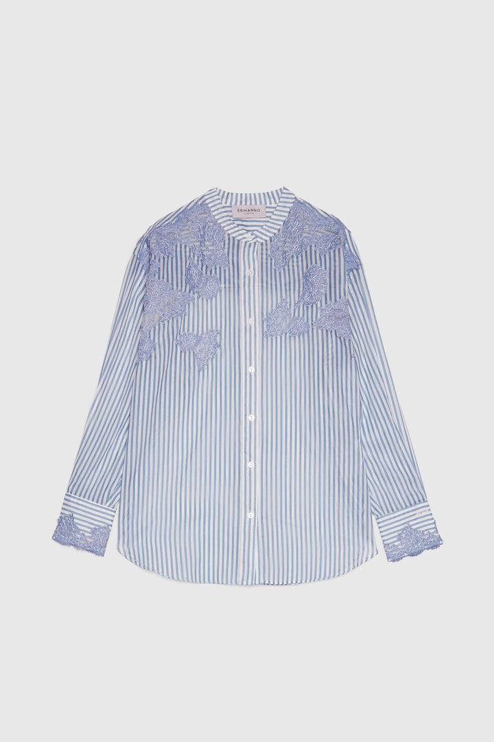 ERMANNO FIRENZE STRIPED SHIRT DENIM PRINT WITH LACE EMBROIDERED