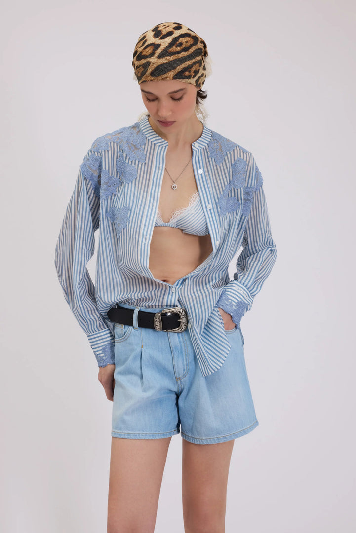ERMANNO FIRENZE STRIPED SHIRT DENIM PRINT WITH LACE EMBROIDERED