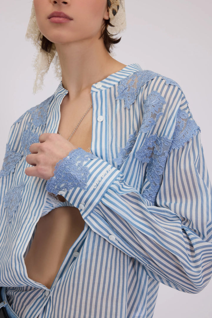 ERMANNO FIRENZE STRIPED SHIRT DENIM PRINT WITH LACE EMBROIDERED