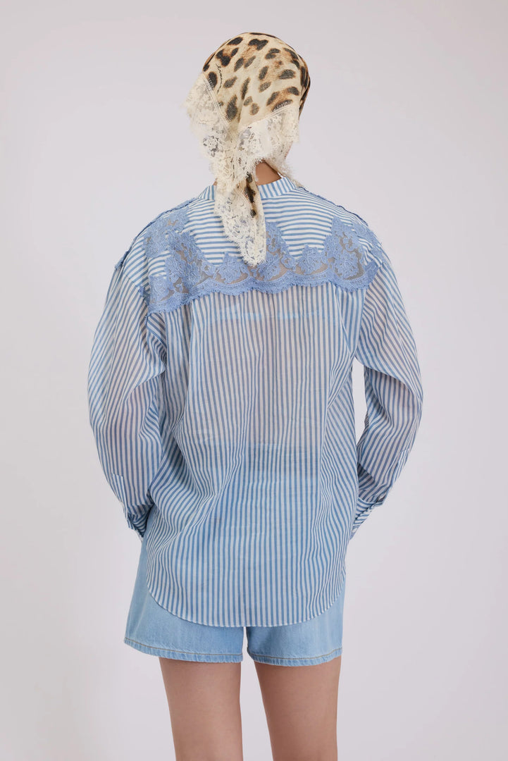 ERMANNO FIRENZE STRIPED SHIRT DENIM PRINT WITH LACE EMBROIDERED