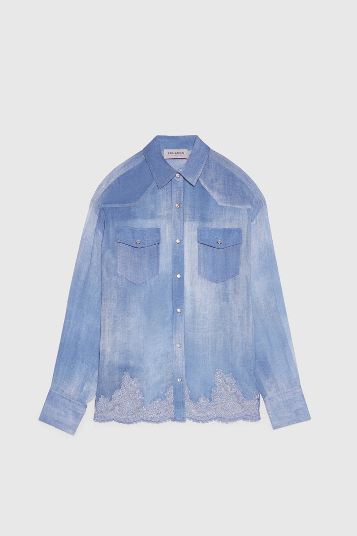 ERMANNO FIRENZE DENIM PRINT GEORGETE WITH LACE EMBROIDERED