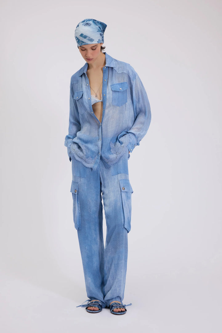 ERMANNO FIRENZE DENIM PRINT GEORGETE WITH LACE EMBROIDERED