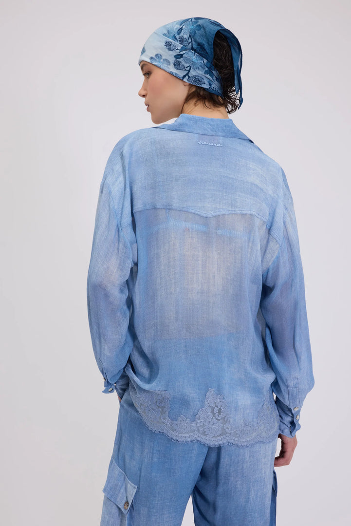 ERMANNO FIRENZE DENIM PRINT GEORGETE WITH LACE EMBROIDERED