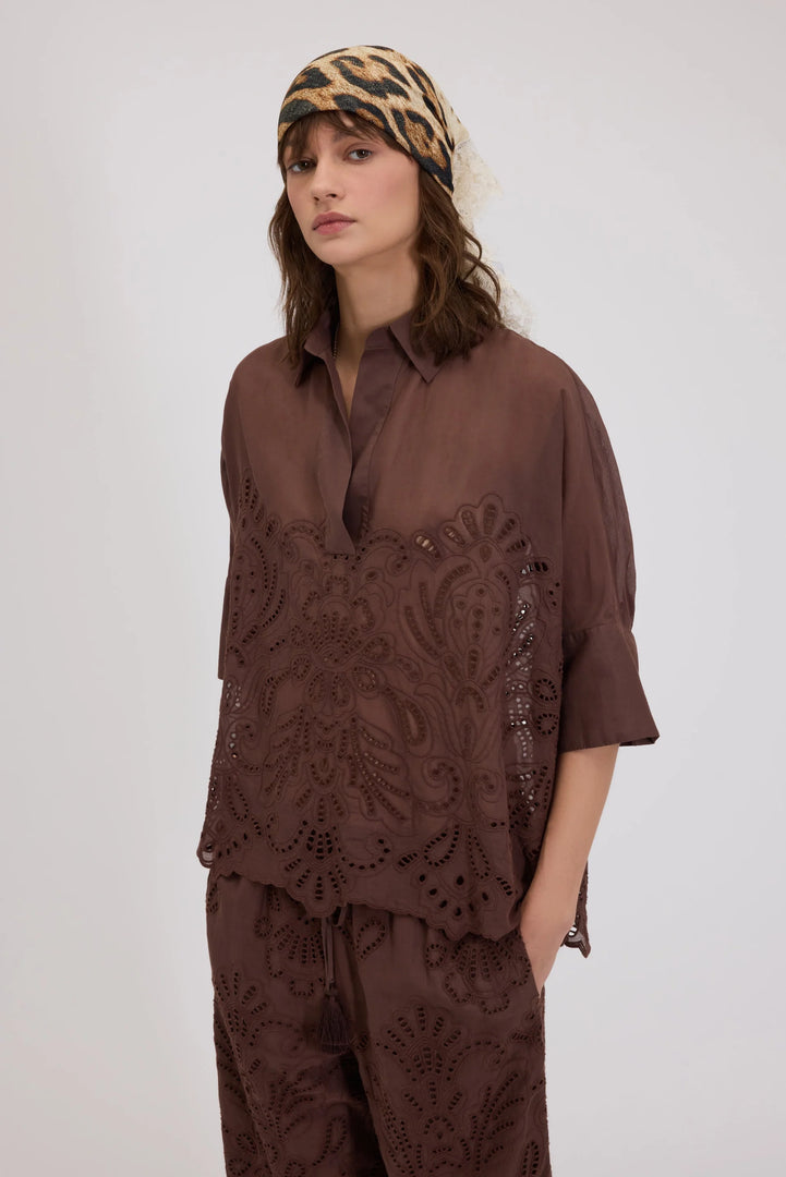 ERMANNO FIRENZE KIMONO MUSLIN SHIRT WITH BRODERIE ANGLAISE