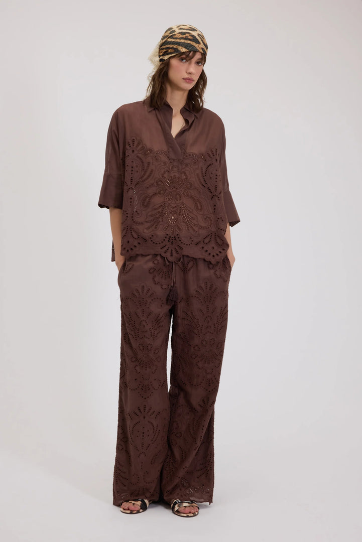 ERMANNO FIRENZE KIMONO MUSLIN SHIRT WITH BRODERIE ANGLAISE