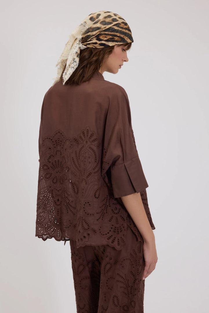 ERMANNO FIRENZE KIMONO MUSLIN SHIRT WITH BRODERIE ANGLAISE