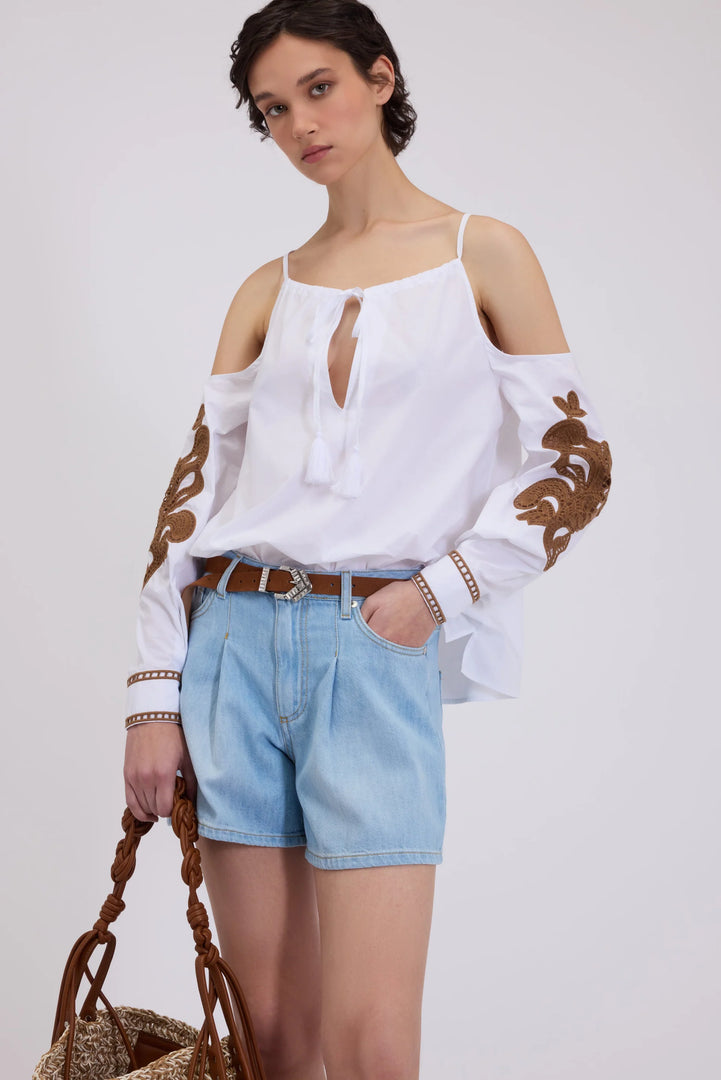 ERMANNO FIRENZE OFF-SHOULDER BLOUSE WITH BRODERIE ANGLAISE