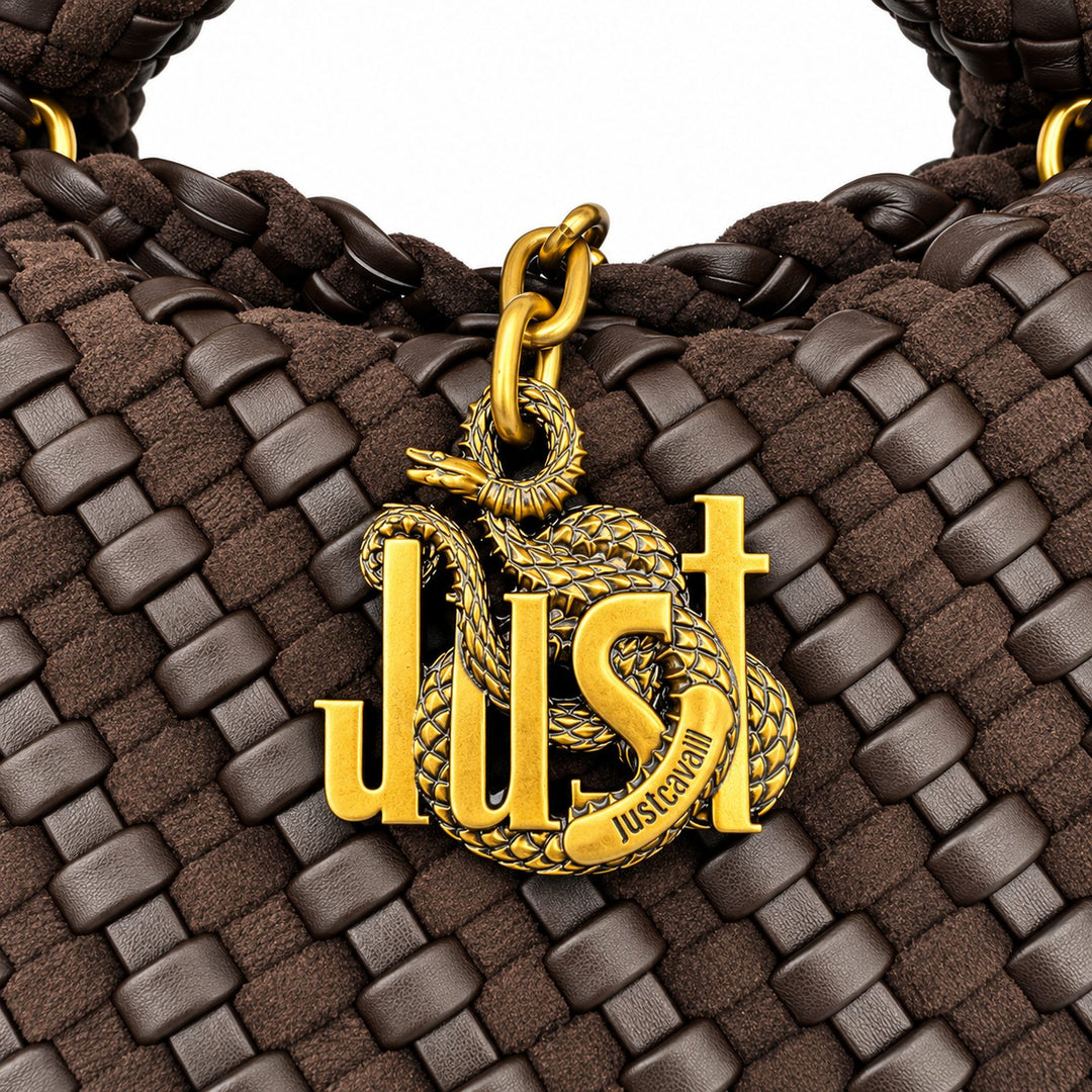 JUST CAVALLI  Πλεκτή Hobo Τσάντα Ώμου με Χρυσό Snake Logo /81RA4BO3ZSE81