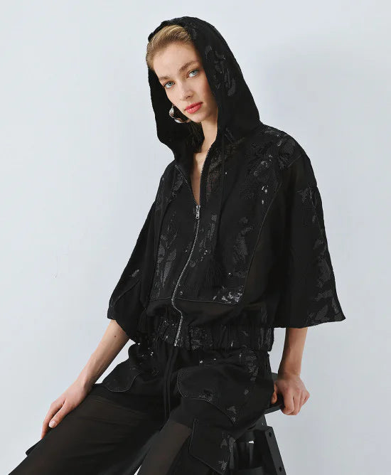 ACCESS Τζάκετ bomber με διαφάνεια και κέντημα / 63-1000 -  ACCESS FASHION- Μαύρο / S/M-Μαύρο / M/L