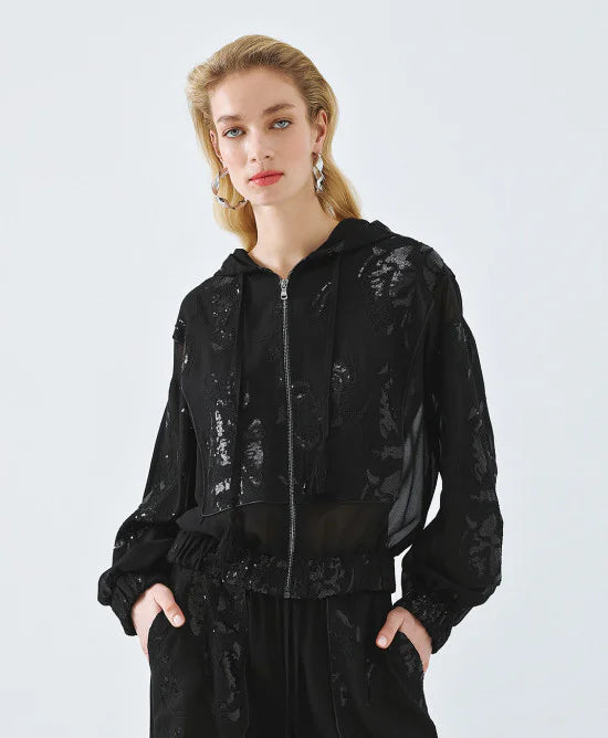 ACCESS Τζάκετ bomber με διαφάνεια και κέντημα / 63-1000 -  ACCESS FASHION- Μαύρο / S/M-Μαύρο / M/L