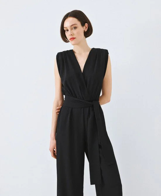 ACCESS Ολόσωμη φόρμα κρουαζέ με ζώνη / 63-5501 -  ACCESS FASHION- Μαύρο / M-Μαύρο / L-Μαύρο / XL
