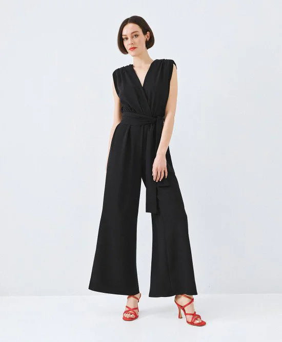 ACCESS Ολόσωμη φόρμα κρουαζέ με ζώνη / 63-5501 -  ACCESS FASHION- Μαύρο / M-Μαύρο / L-Μαύρο / XL