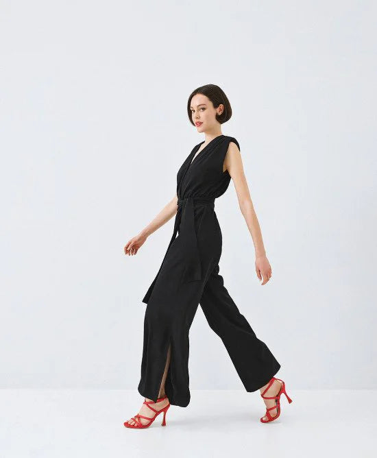 ACCESS Ολόσωμη φόρμα κρουαζέ με ζώνη / 63-5501 -  ACCESS FASHION- Μαύρο / M-Μαύρο / L-Μαύρο / XL