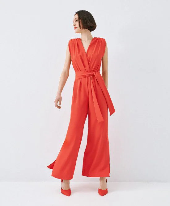ACCESS Ολόσωμη φόρμα κρουαζέ με ζώνη / 63-5501 -  ACCESS FASHION- Κόκκινο / S-Κόκκινο / M-Κόκκινο / L-Κόκκινο / XL