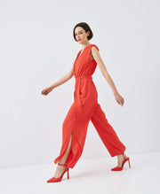 ACCESS Ολόσωμη φόρμα κρουαζέ με ζώνη / 63-5501 -  ACCESS FASHION- Κόκκινο / S-Κόκκινο / M-Κόκκινο / L-Κόκκινο / XL